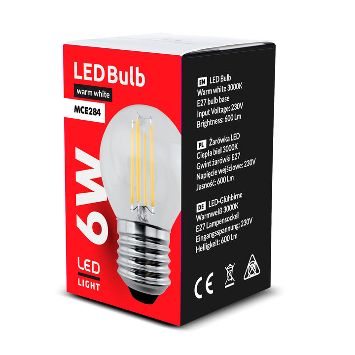 Lampadina a filamento LED E27, 6W 230V Maclean Energy MCE284 WW bianco caldo 3000K 600lm retro decorativo Edison