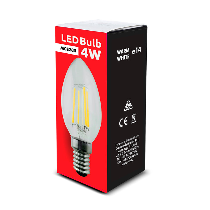 Lampadina LED a filamento E14, 4W 230V Maclean Energy MCE285 WW bianco caldo 3000K 400lm candela decorativa retrò edison C37