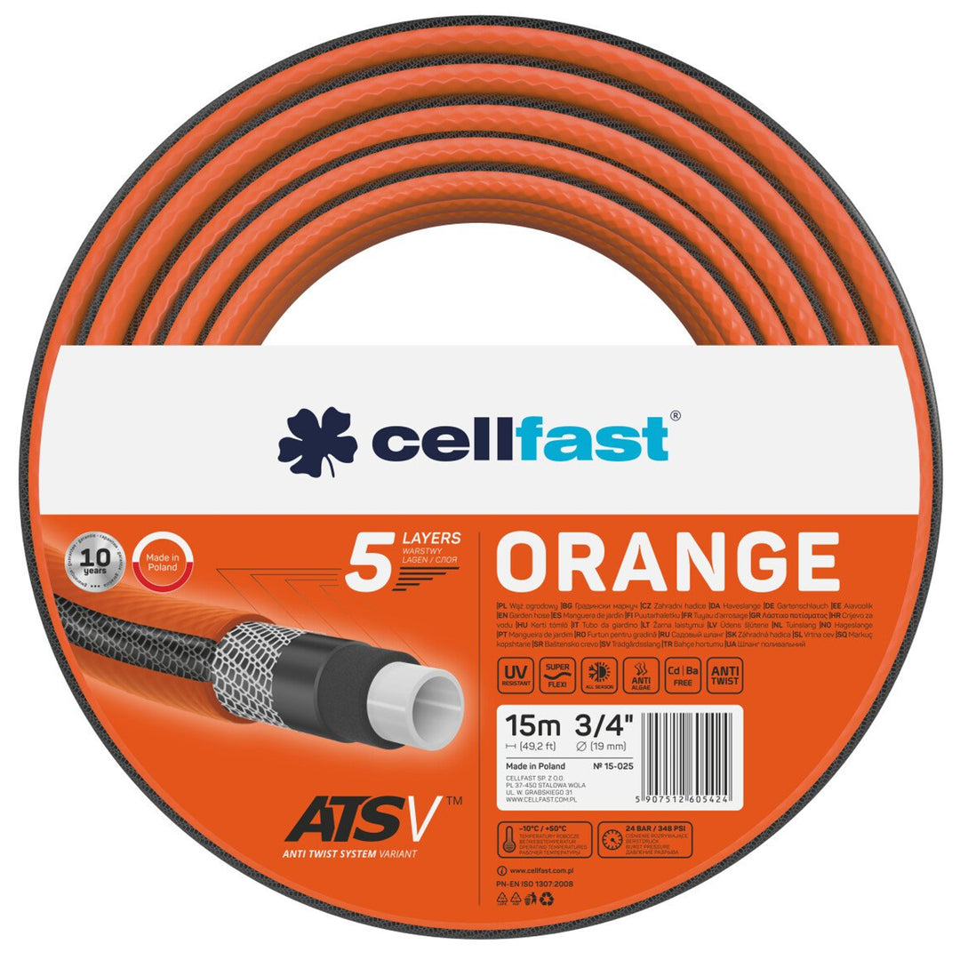 Cellfast Tubo da giardino ARANCIONE ATSV ™ Tubo a 5 strati Tubo per acqua Tessuto tricot resistente ai raggi UV Pressione di scoppio 24 bar (3/4 "15 m)