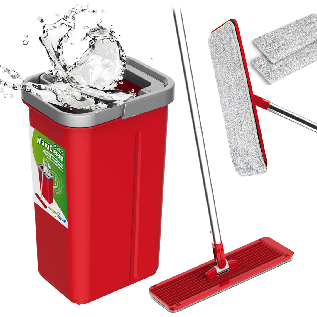 GreenBlue Set mop piatto MaxiClean con secchio di pulizia 2 in 1 Set mop da 5,7 l tergipavimento pulisci mop sistema di pulizia testa del mocio ruotabile a 360° (set mop piatto e secchio + 2x panni di ricambio)