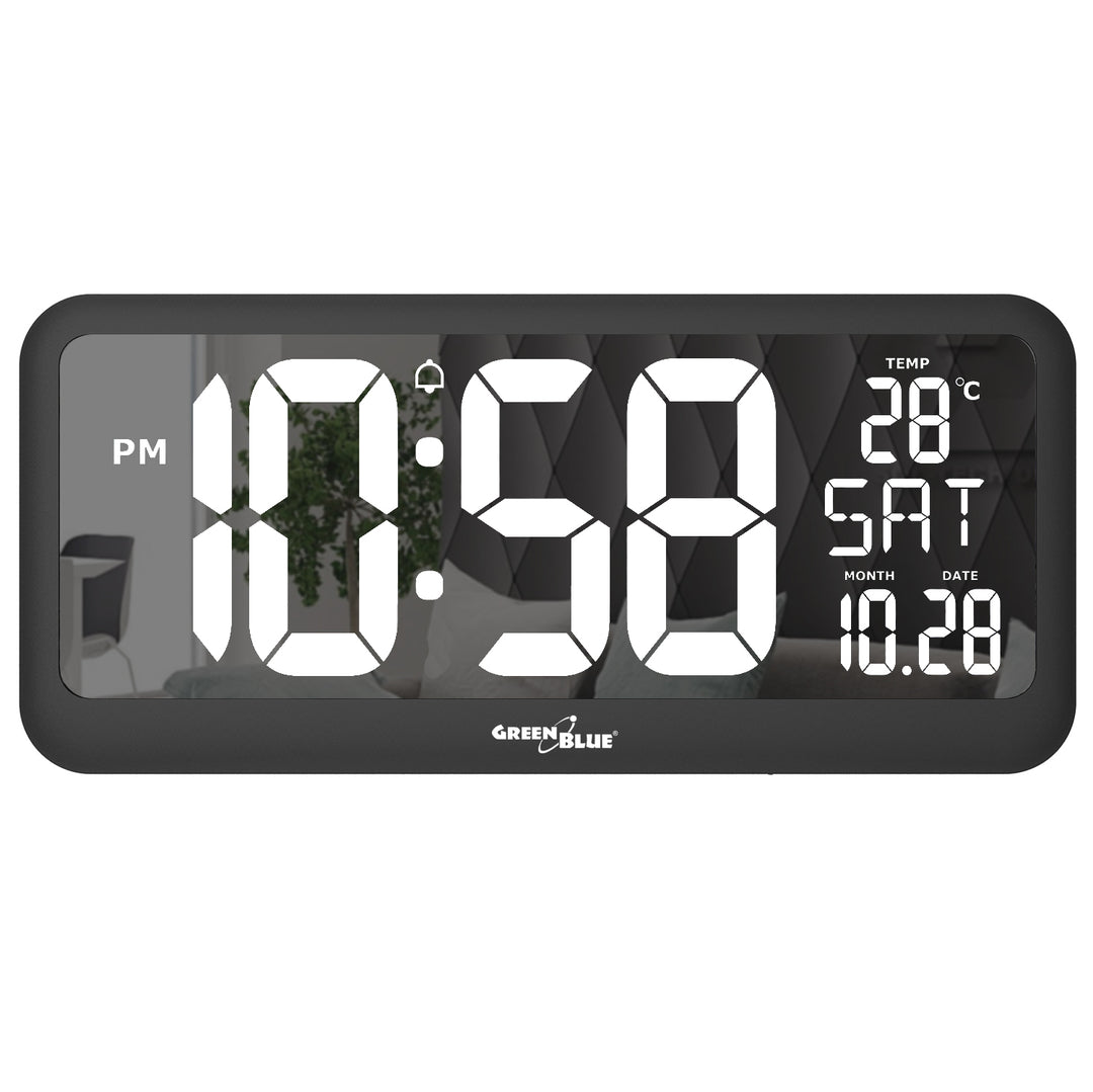 GreenBlue GB214 Orologio digitale con sensore di temperatura 37x17cm Display LED con allarme Da appoggiare su un tavolo o da appendere alla parete Alimentazione tramite adattatore di rete o batterie