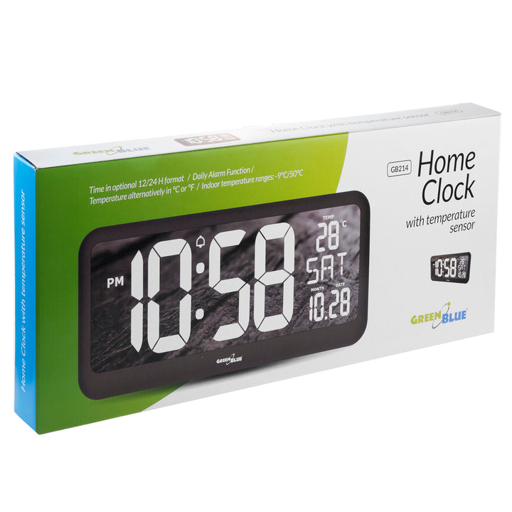 GreenBlue GB214 Orologio digitale con sensore di temperatura 37x17cm Display LED con allarme Da appoggiare su un tavolo o da appendere alla parete Alimentazione tramite adattatore di rete o batterie