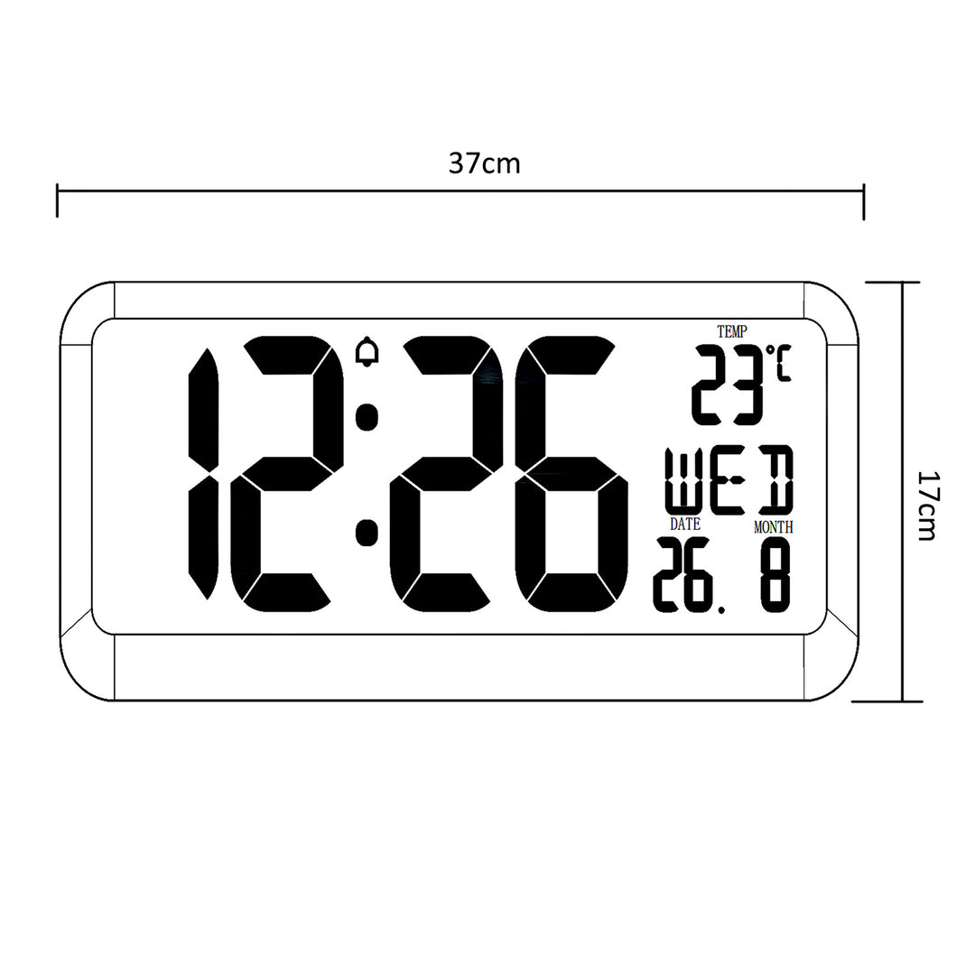 GreenBlue GB214 Orologio digitale con sensore di temperatura 37x17cm Display LED con allarme Da appoggiare su un tavolo o da appendere alla parete Alimentazione tramite adattatore di rete o batterie