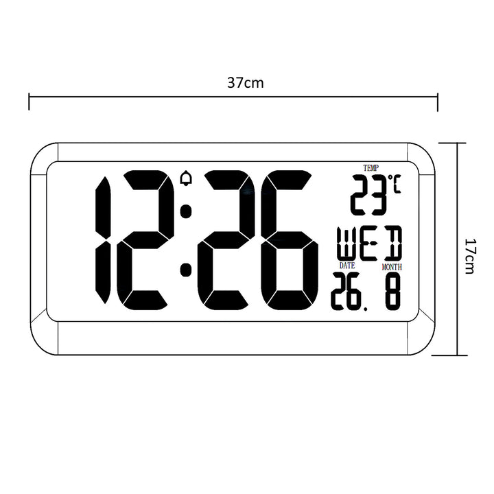 GreenBlue GB214 Orologio digitale con sensore di temperatura 37x17cm Display LED con allarme Da appoggiare su un tavolo o da appendere alla parete Alimentazione tramite adattatore di rete o batterie