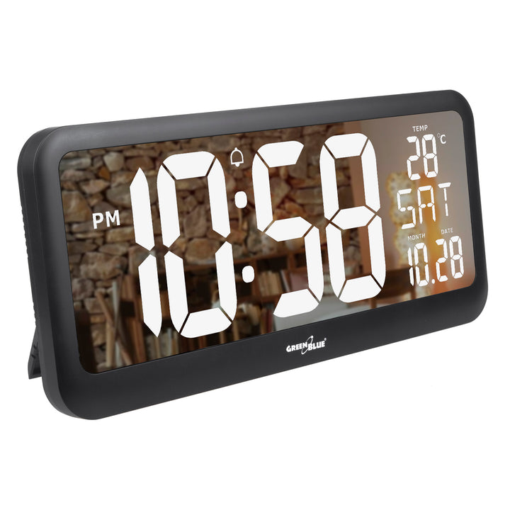 GreenBlue GB214 Orologio digitale con sensore di temperatura 37x17cm Display LED con allarme Da appoggiare su un tavolo o da appendere alla parete Alimentazione tramite adattatore di rete o batterie