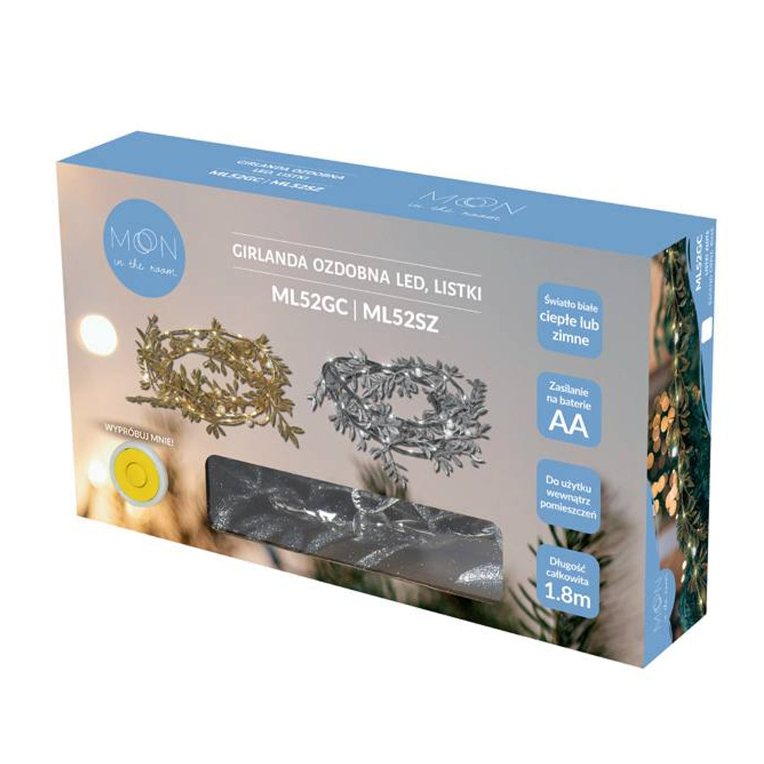 Ghirlanda decorativa a LED ML52SZ 1,8m foglie argento bianco freddo alimentazione luce 3x AA