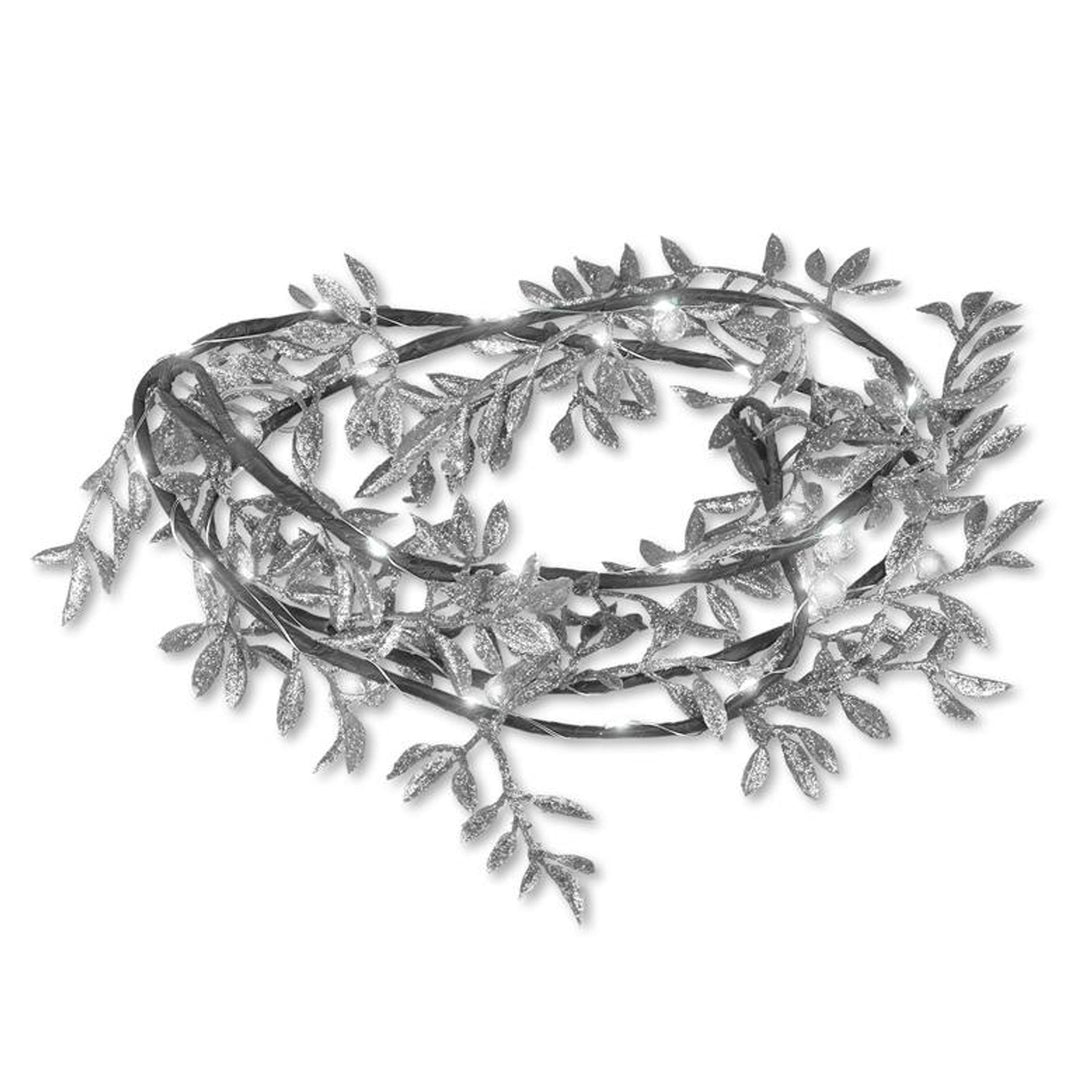 Ghirlanda decorativa a LED ML52SZ 1,8m foglie argento bianco freddo alimentazione luce 3x AA