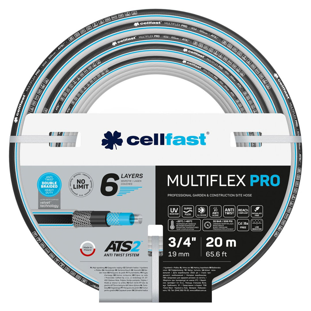 Cellfast MULTIFLEX ATSV a 6 strati Tubo da giardino Tessuto a doppio incrocio e tricot ATS2™ Resistente ai raggi UV e alla formazione di alghe 35 Bar 3/4" 20 m