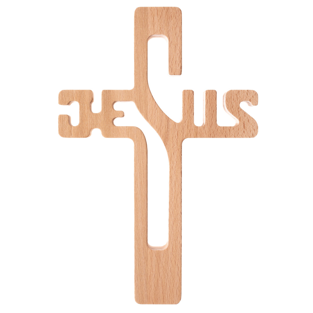 Croce in legno con iscrizione JESUS naturale 22x14x1,6 cm