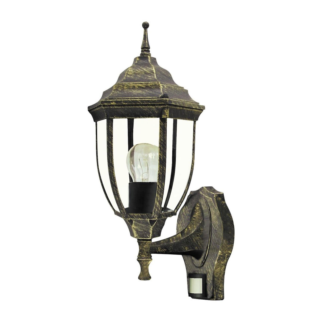 Lampada da parete Rabalux Nizza in oro antico con sensore di movimento e crepuscolare. Filettatura E27, potenza 60 W, grado di protezione IP43.