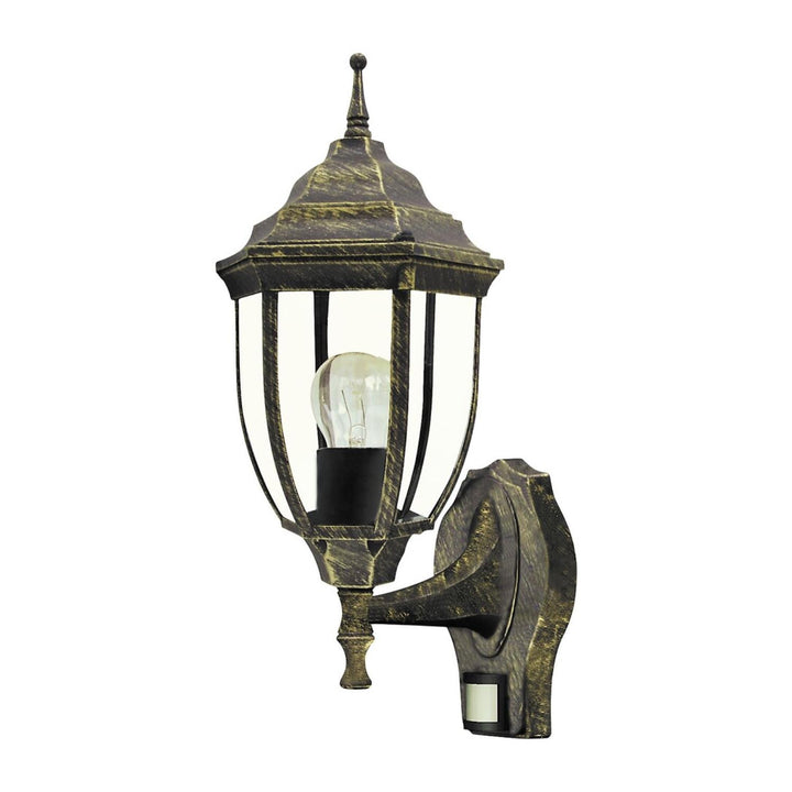 Lampada da parete Rabalux Nizza in oro antico con sensore di movimento e crepuscolare. Filettatura E27, potenza 60 W, grado di protezione IP43.