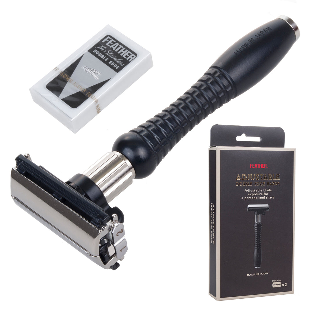 Rasoio da barba Feather DER-A con lame intercambiabili. Testina in acciaio inox. 2 impostazioni, apertura a farfalla.