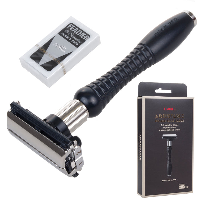Rasoio da barba Feather DER-A con lame intercambiabili. Testina in acciaio inox. 2 impostazioni, apertura a farfalla.