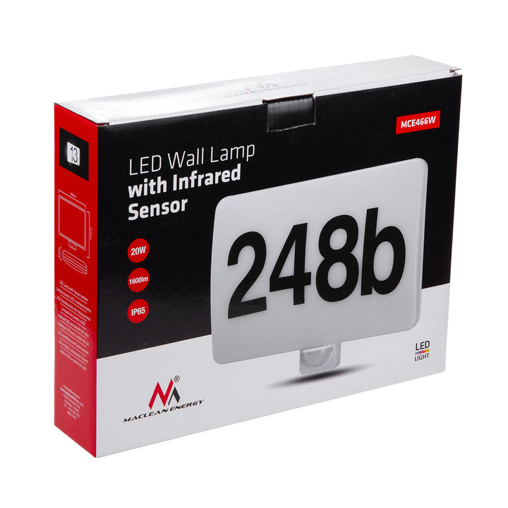 Lampada LED Maclean, numero civico, sensore crepuscolare e di movimento, dimmerabile, 20W, IP65, colore neutro (4000K), 1600lm, MCE466 W