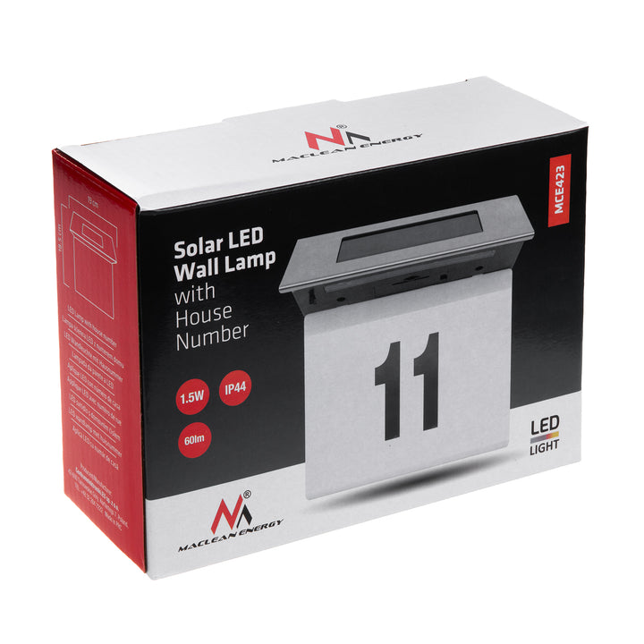 Lampada solare a LED con numero civico Maclean, IP44, 1W, 60lm, 6000K, batteria ricaricabile da 600 mAh, 2,5V DC 70mA, MCE423