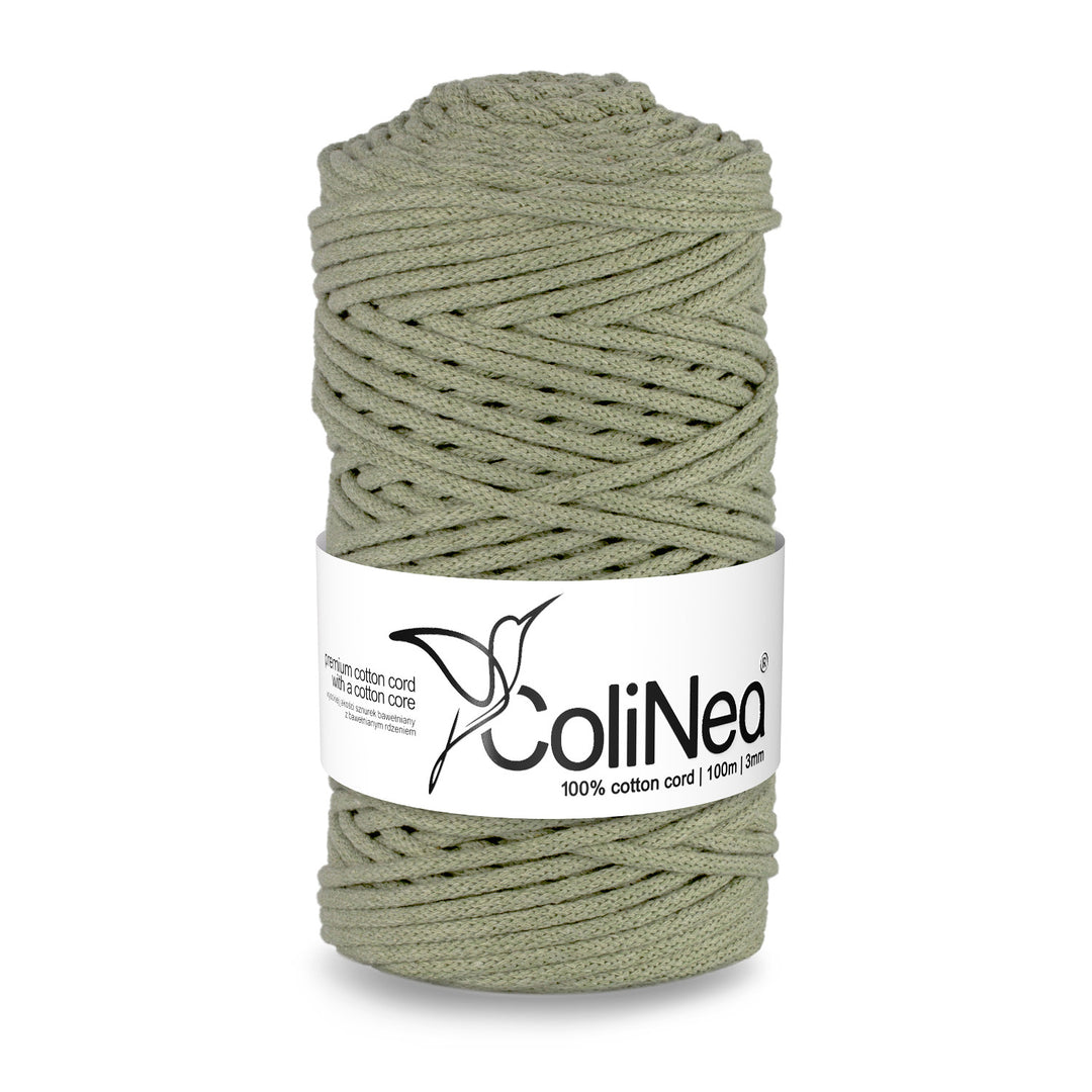 ColiNea, cordino in cotone con anima in cotone, intrecciato, 3 mm, 100 m, verde oliva
