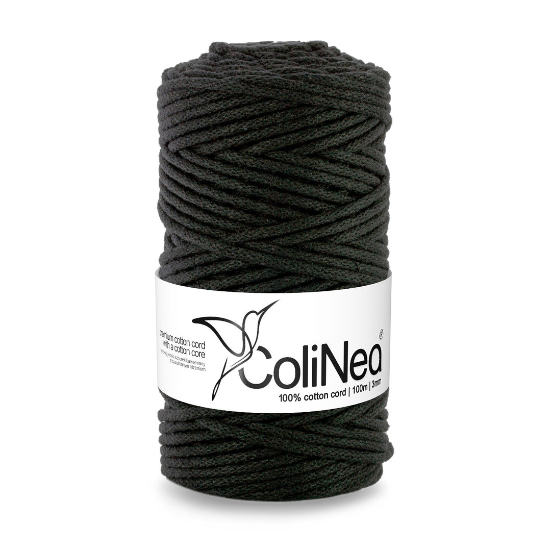 ColiNea, cordino in cotone con anima in cotone, intrecciato, 3 mm, 100 m, nero