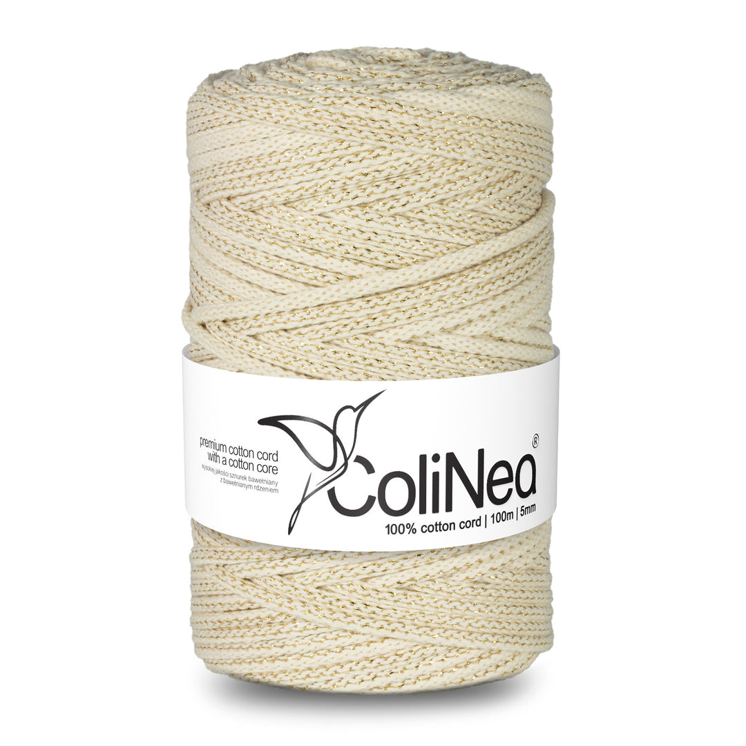 ColiNea, cordoncino in cotone con anima in cotone, intrecciato, 5mm, 100m, avorio con filo dorato