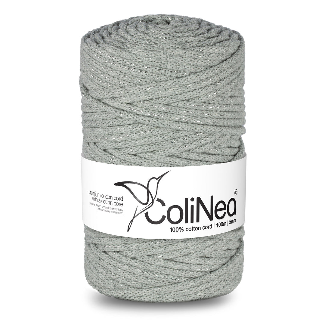 ColiNea, cordoncino in cotone con anima in cotone, intrecciato, 5 mm, 100 m, grigio con filo d'argento,Uncinetto