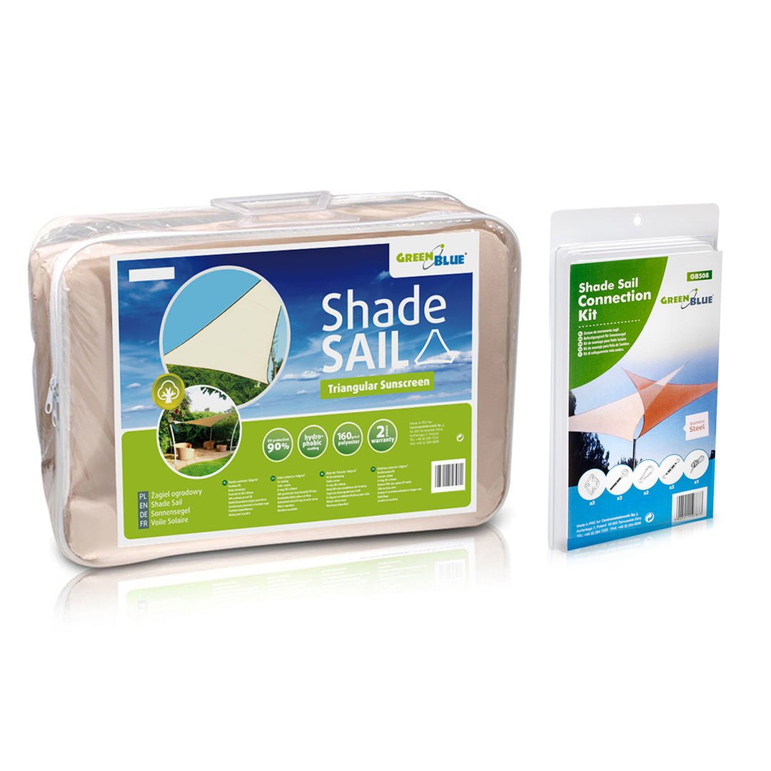 Vela ombreggiante da giardino in poliestere UV 5m triangolo VerdeBlu GB502 crema superficie idrofobica + Ferramenta di montaggio GB508