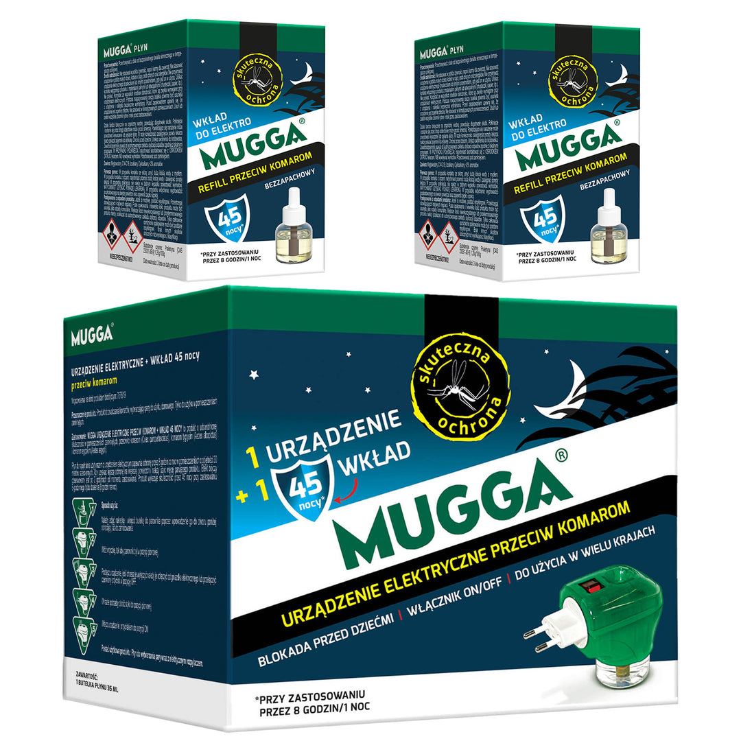 Dispositivo elettrico con Mugga 45 ricarica zanzare notturna 35ml + 2x Mugga 45 ricarica liquido zanzare notturna 35ml