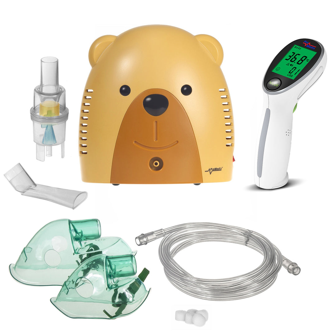 Inalatore per bambini Promedix, orsetto, nebulizzatore, maschera, set di filtri, PR-811 + termometro medico a infrarossi senza contatto Promedix PR-960