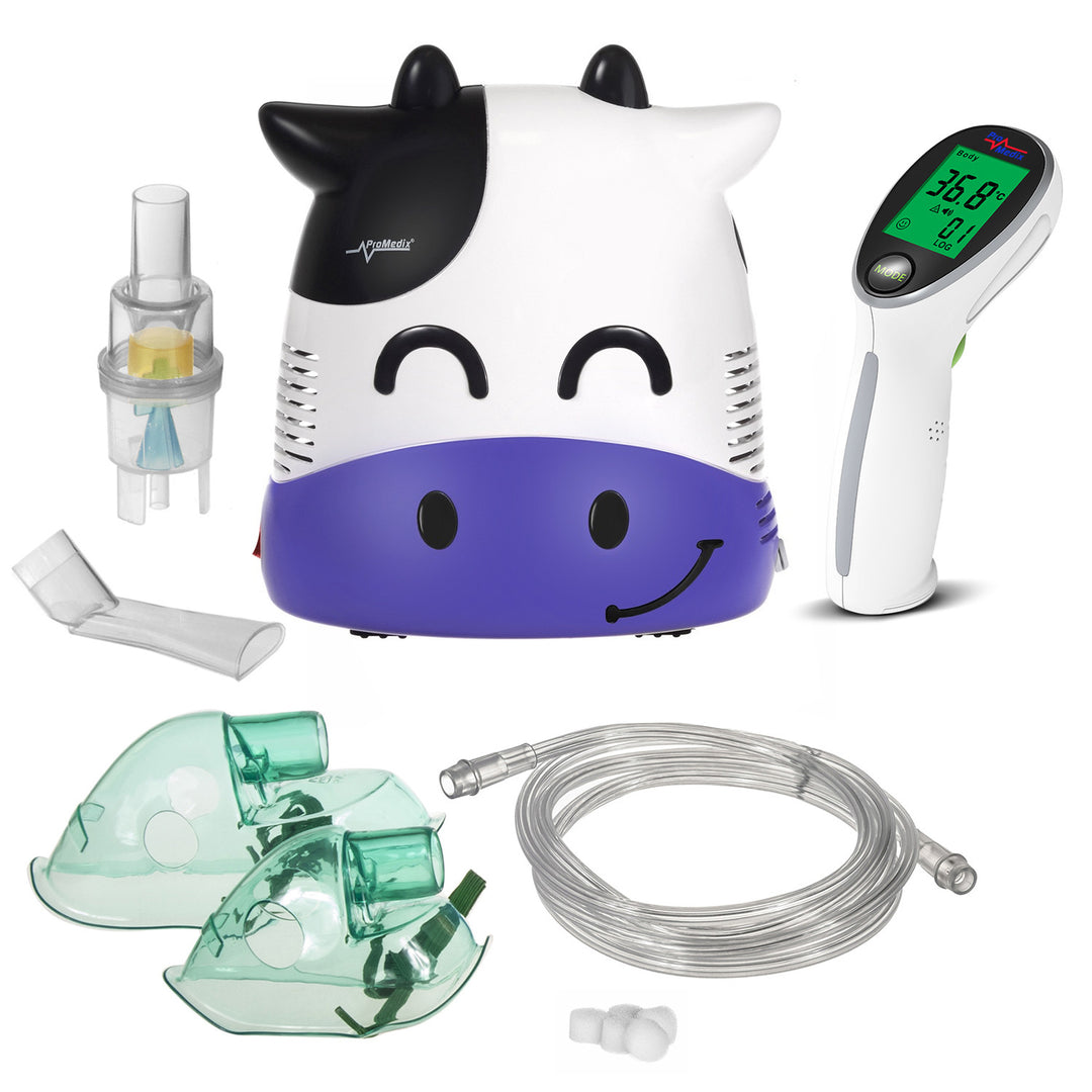 Inalatore per bambini Promedix,, nebulizzatore, maschera, set di filtri, PR-810 + termometro medico a infrarossi senza contatto Promedix PR-960, modello  Mucca