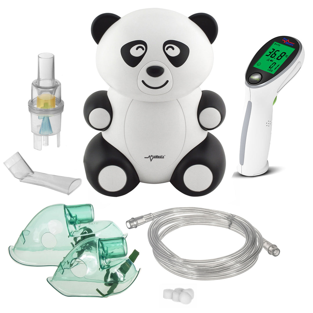 Inalatore per bambini Promedix PR-812 panda, nebulizzatore, maschera, set di filtri + termometro medico a infrarossi senza contatto Promedix PR-960