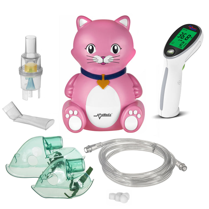 Inalatore Promedix per bambini, set nebulizzatore, maschere, filtri, PR-816 + termometro medico a infrarossi senza contatto Promedix PR-960, modello gatto