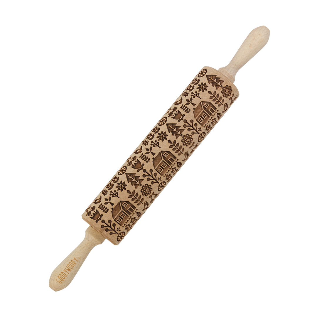 Rullo per dolci inciso Goody Woody, 46 cm, legno di faggio, Villaggio scandinavo