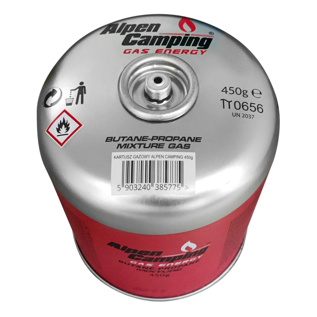 Cartuccia di gas 450g Alpen Camping. Certificato: Pi 0437, conforme a EN417, propano-butano, range da -10°c a + 40°c, valvola filettata 7/16" IK020