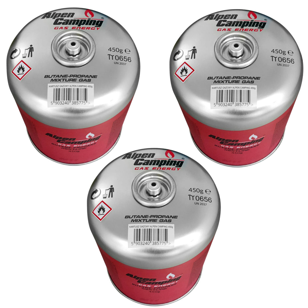 Cartuccia di gas Alpen Camping 450g. Certificato: Pi 0437, conforme a EN417, propano-butano, range da -10°c a + 40°c, valvola filettata 7/16" IK020, 3 pezzi.