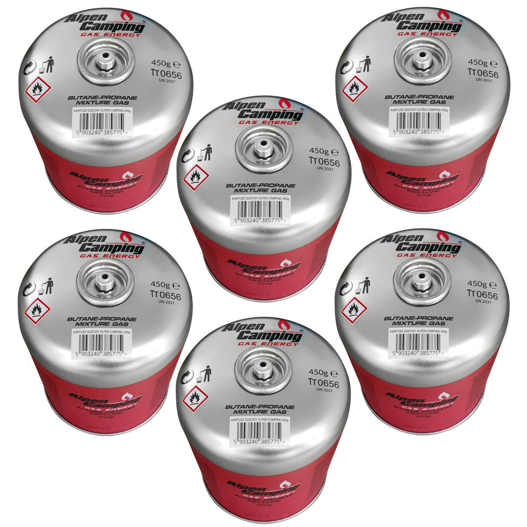 Cartuccia di gas 450g Alpen Camping. Certificato: Pi 0437, conforme a EN417, propano-butano, range da -10°c a + 40°c, valvola filettata 7/16" IK020, 6 pezzi