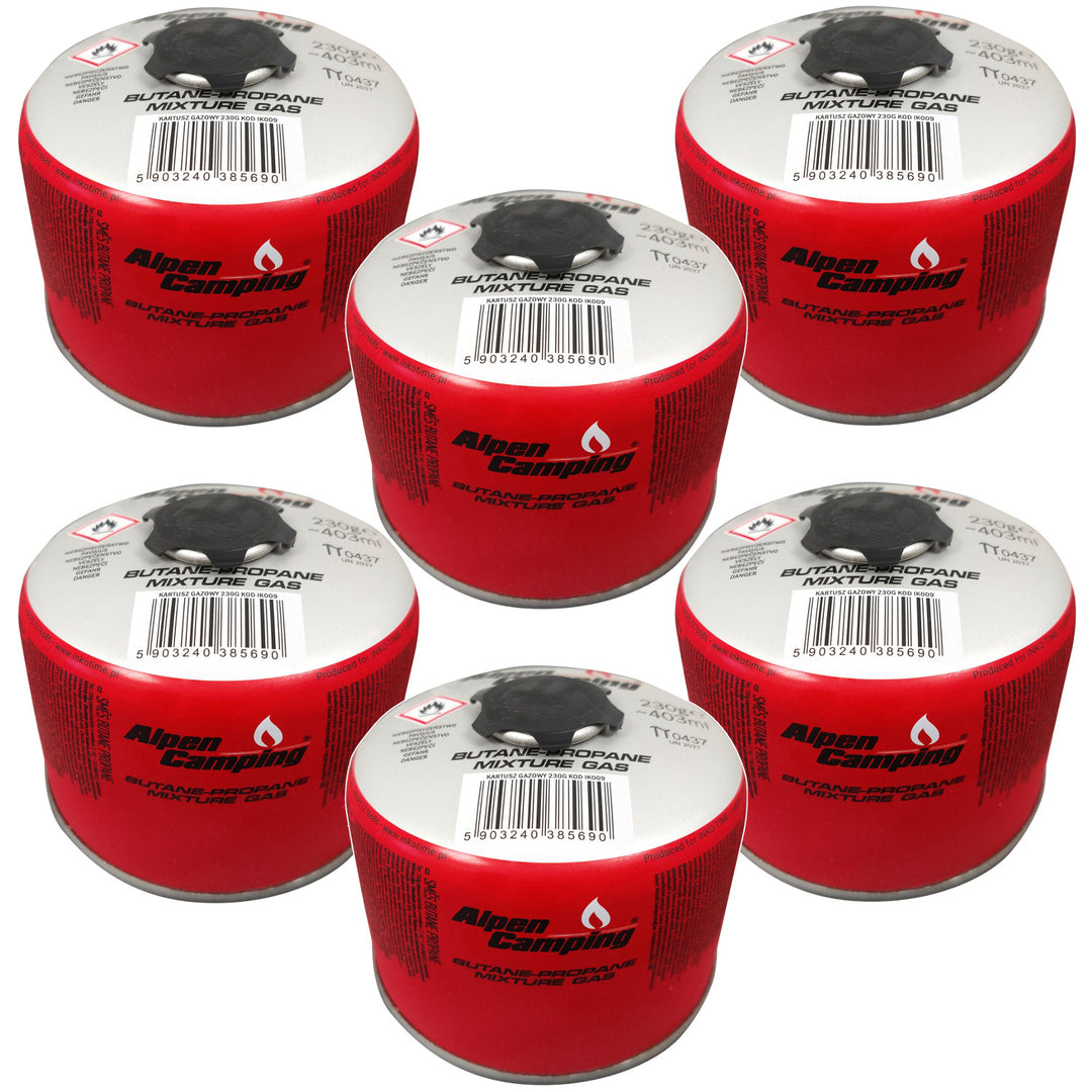 Cartuccia di gas 230g Alpen Camping. Certificato: Pi 0656, conforme a EN417, propano-butano, range da -10°c a + 40°c, valvola filettata 7/16" IK009, 6 pezzi.