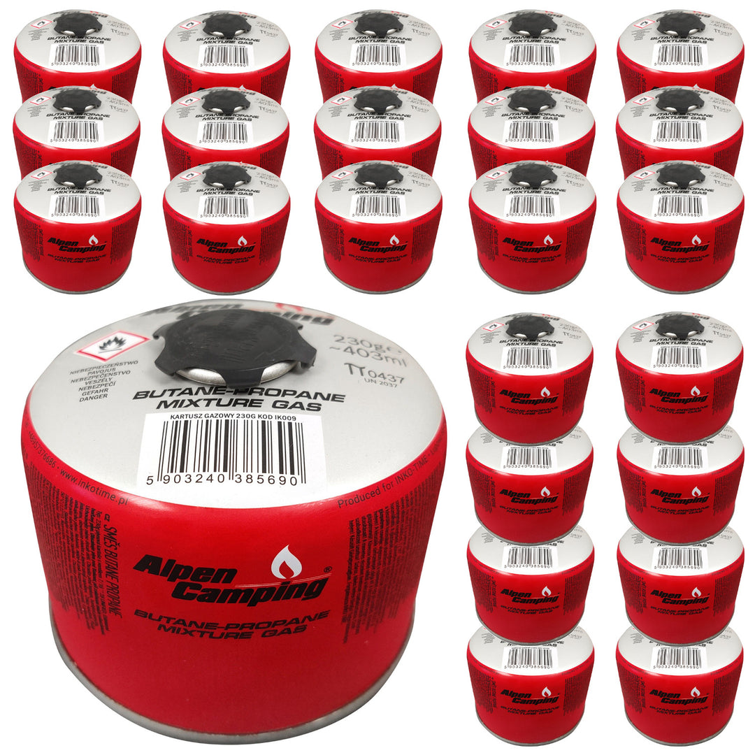 Cartuccia di gas 230g Alpen Camping. Certificato: Pi 0656, conforme a EN417, propano-butano, range da -10°c a + 40°c, valvola filettata 7/16" IK009, 24 pezzi