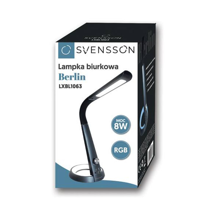 Lampada da ufficio Svensson, 450 Lumen, 8W di potenza, tre temperature di luce, funzione di ricarica del dispositivo mobile, base RGB, LXBL1063
