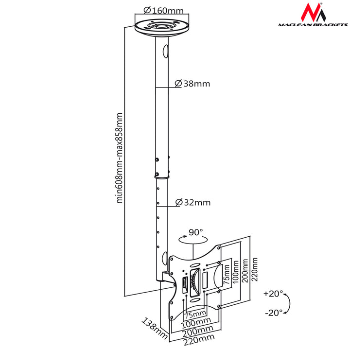 Staffa TV a soffitto Maclean, 23-42", 30 kg, argento, MC-504A S
