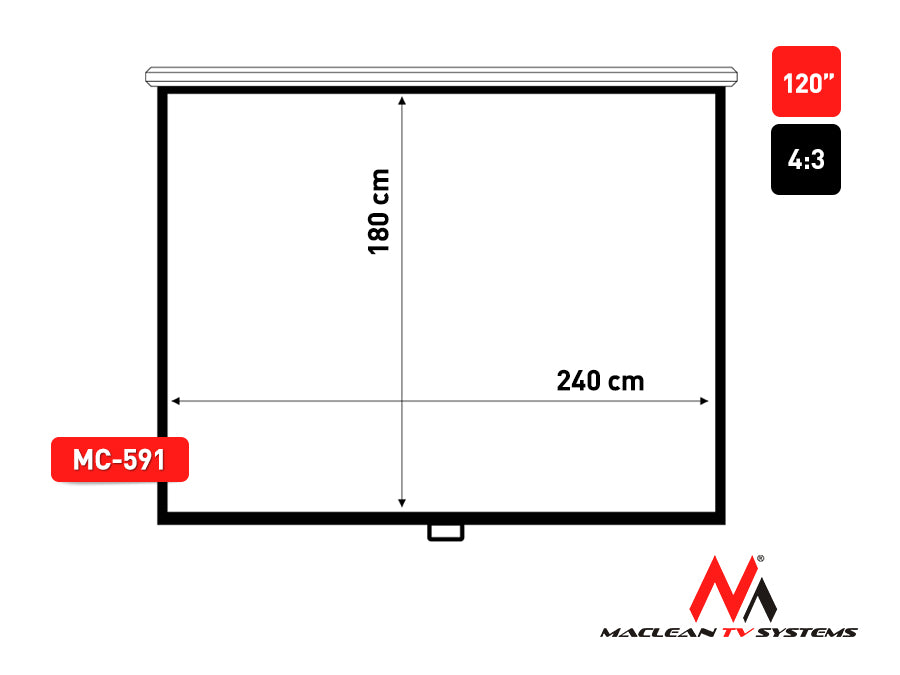 Schermo di proiezione Maclean MC-591, autobloccante, bianco opaco, a parete o a soffitto, 120", 4:3, 240x180