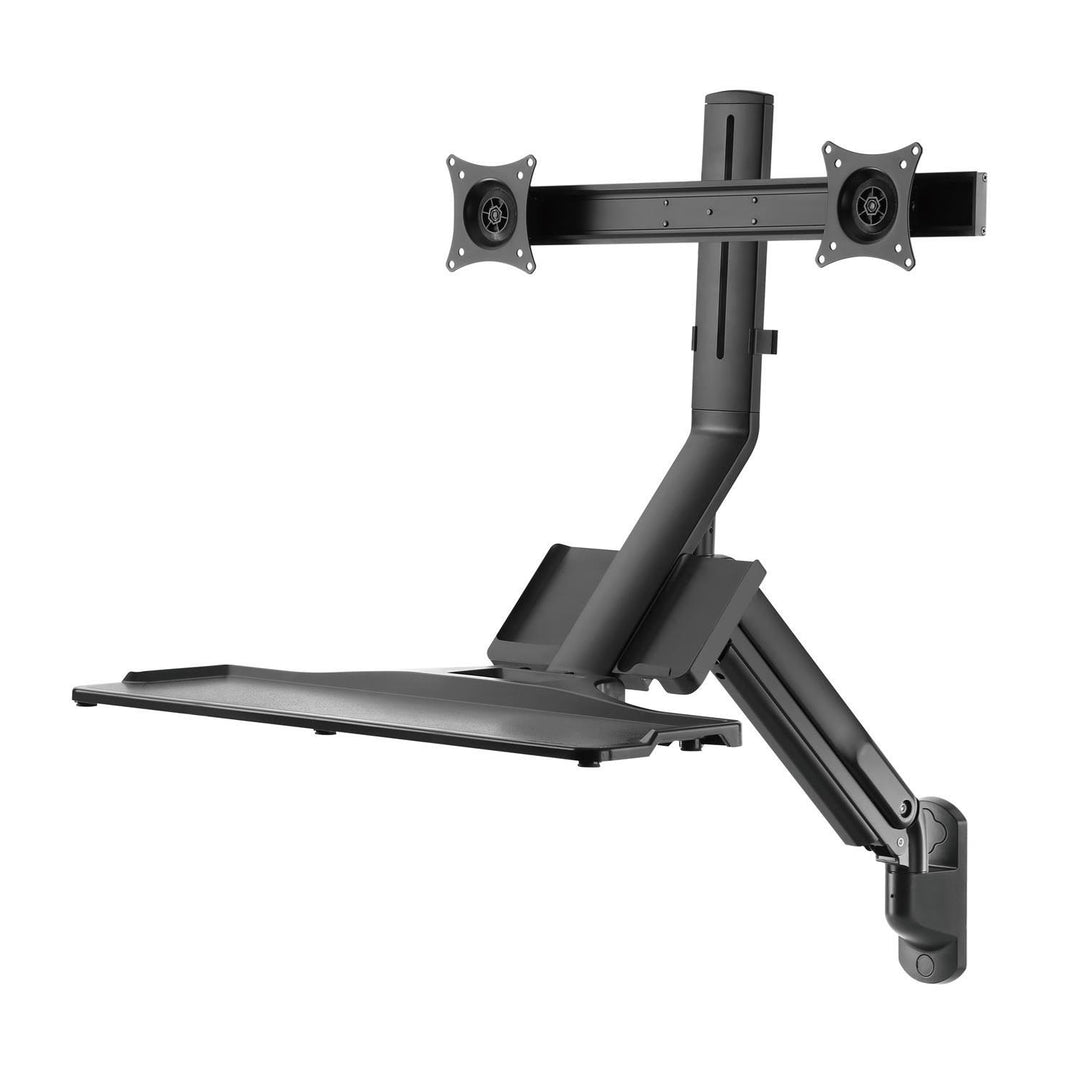 Maclean MC-633 Sit-Stand Workstation: Staffa per 2 monitor con ripiano per tastiera e staffa per computer  Molla a gas da 17-32 pollici