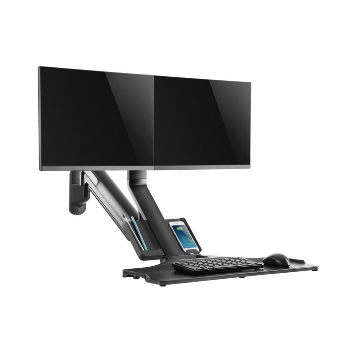 Maclean MC-633 Sit-Stand Workstation: Staffa per 2 monitor con ripiano per tastiera e staffa per computer  Molla a gas da 17-32 pollici