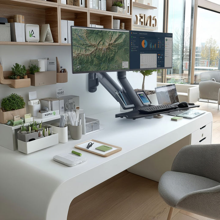 Maclean MC-633 Sit-Stand Workstation: Staffa per 2 monitor con ripiano per tastiera e staffa per computer  Molla a gas da 17-32 pollici