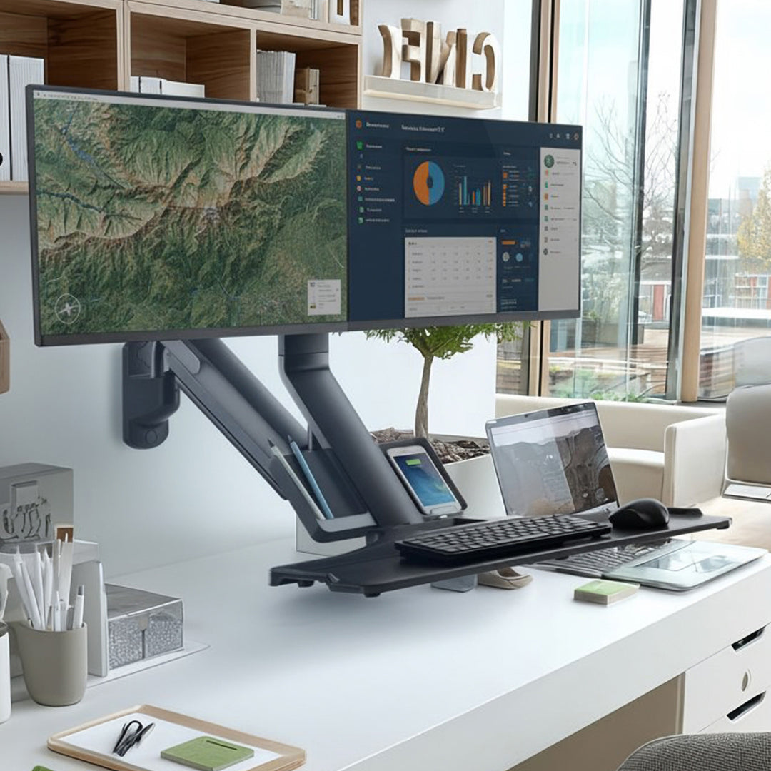Maclean MC-633 Sit-Stand Workstation: Staffa per 2 monitor con ripiano per tastiera e staffa per computer  Molla a gas da 17-32 pollici