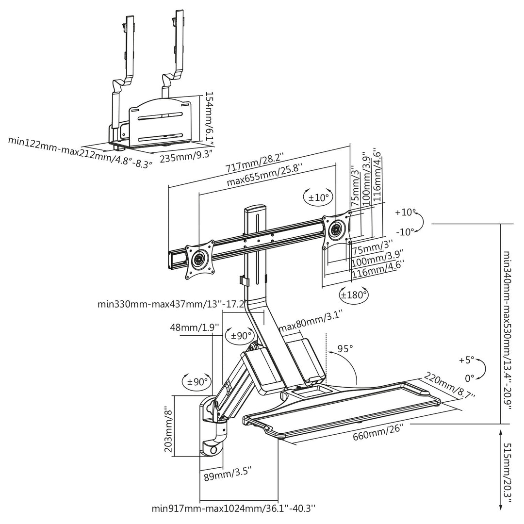 Maclean MC-633 Sit-Stand Workstation: Staffa per 2 monitor con ripiano per tastiera e staffa per computer  Molla a gas da 17-32 pollici