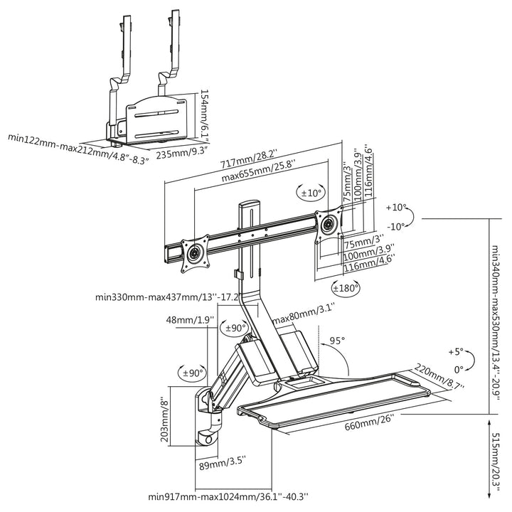 Maclean MC-633 Sit-Stand Workstation: Staffa per 2 monitor con ripiano per tastiera e staffa per computer  Molla a gas da 17-32 pollici