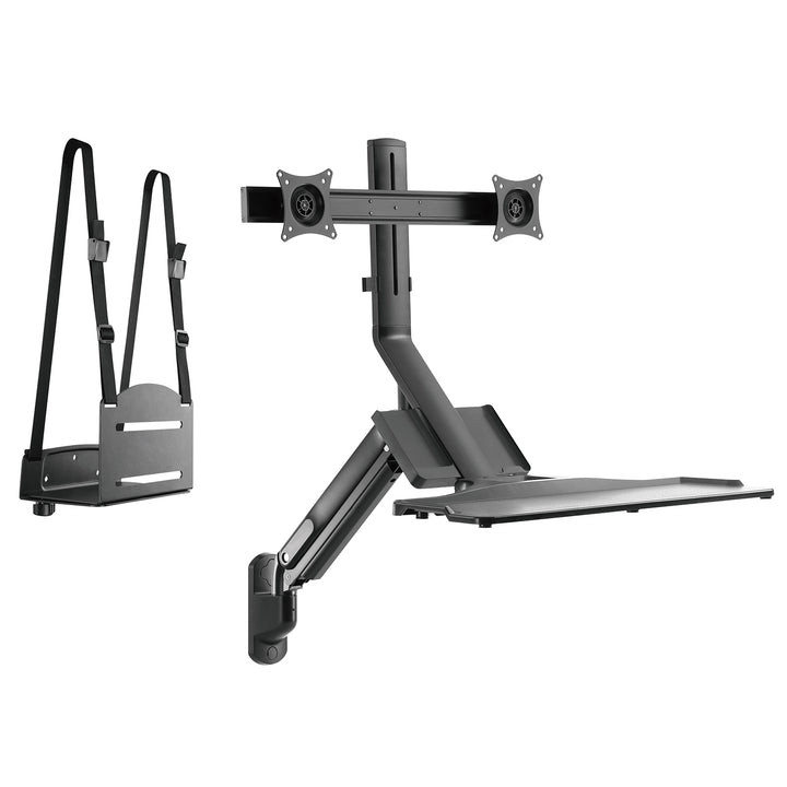 Maclean MC-633 Sit-Stand Workstation: Staffa per 2 monitor con ripiano per tastiera e staffa per computer  Molla a gas da 17-32 pollici