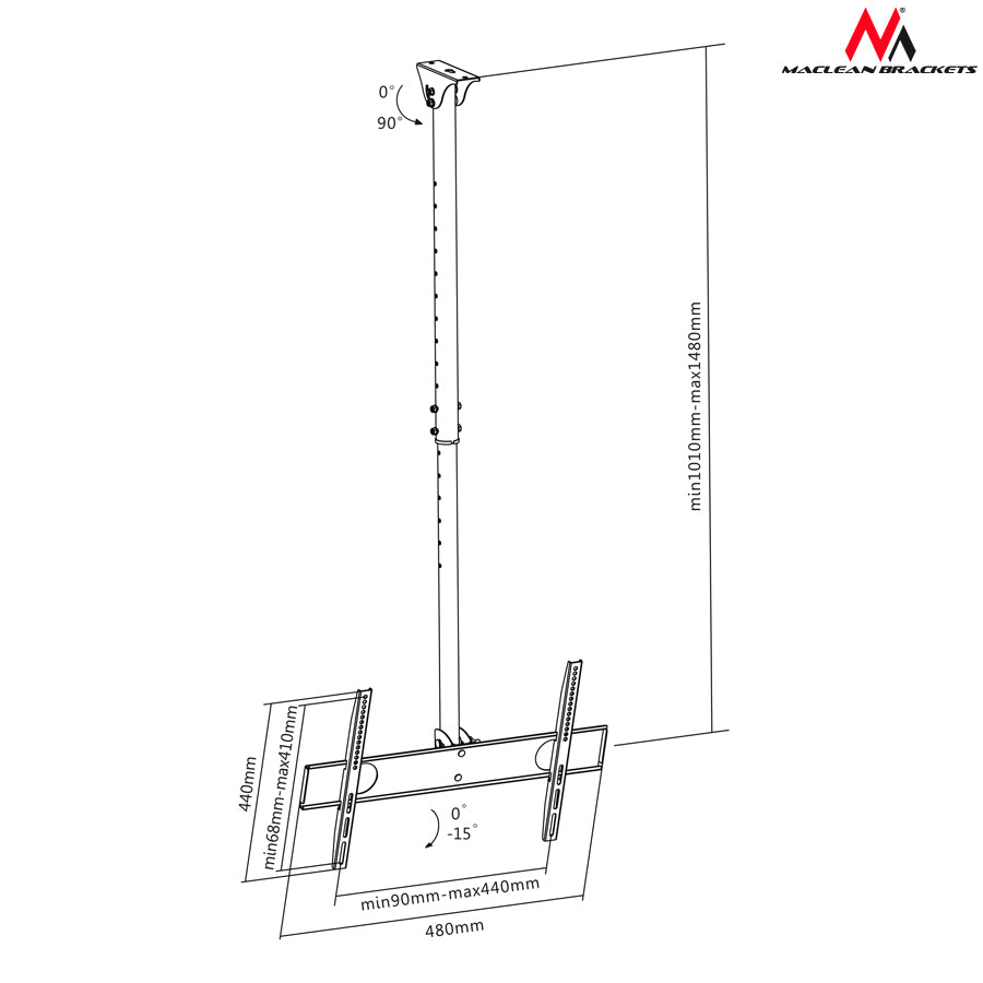 Maclean MC-631 Staffa TV Universale da Soffitto, Compatibile con diagonale: da 32" a 65"