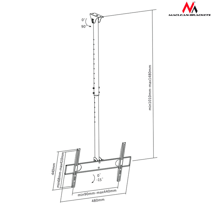 Maclean MC-631 Staffa TV Universale da Soffitto, Compatibile con diagonale: da 32" a 65"