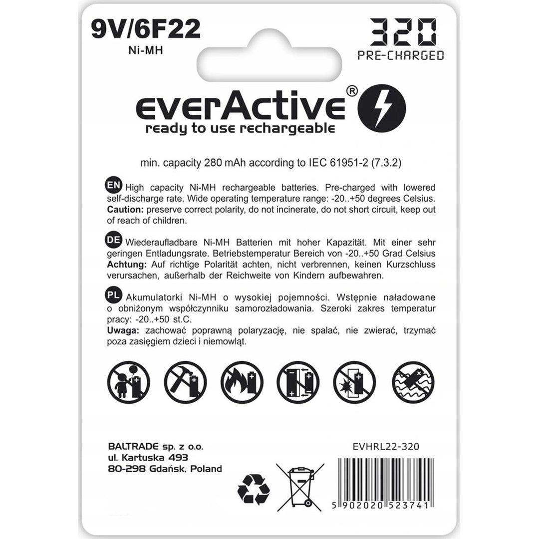 9V 6F22 320mAh Ricaricabili everActive Professional
