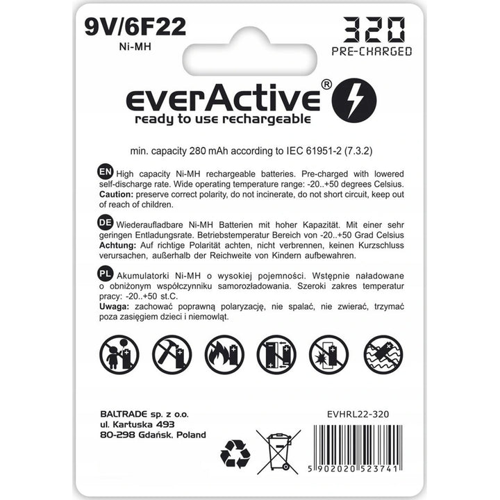 9V 6F22 320mAh Ricaricabili everActive Professional