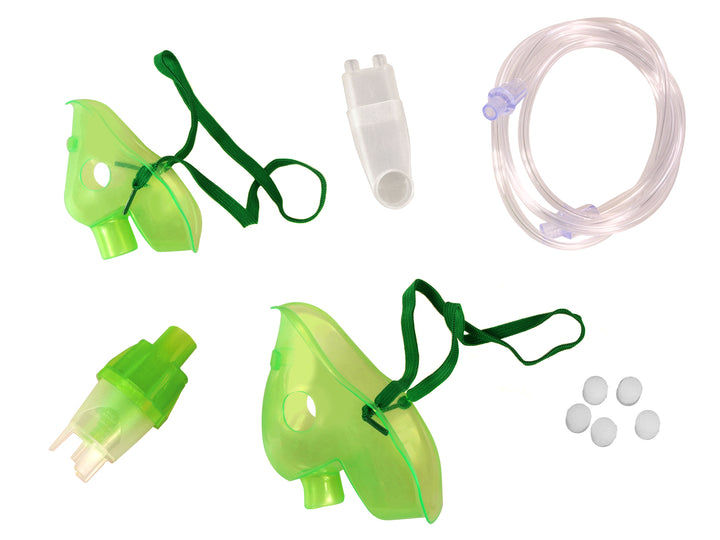 Un set di maschere e accessori per inalatori verdi Omnibus